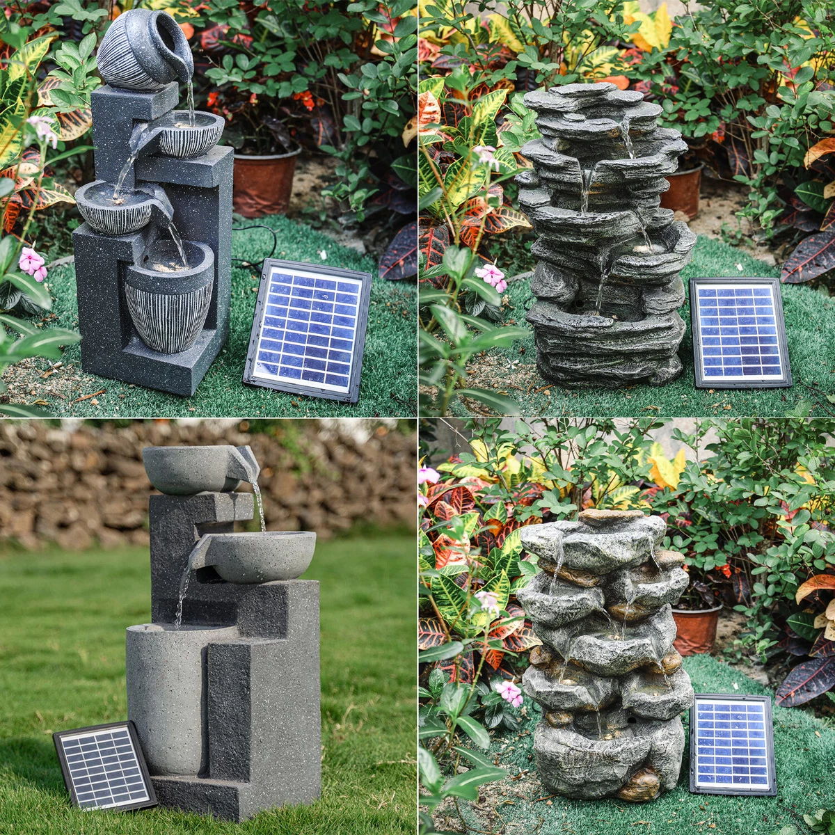 Large Water Feature Solar Powered Floor Rock Garden Fountain LED Lights Decors