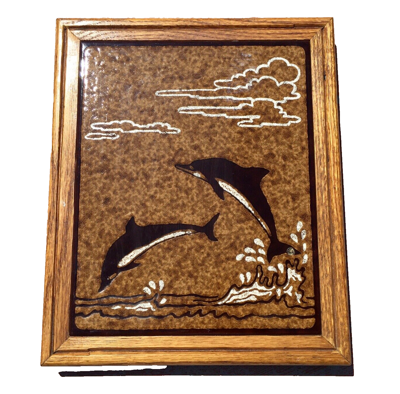 Cabbiani Vtg Ceramic Tile Trivet Italian Dolphins Playing Wood Frame Signed