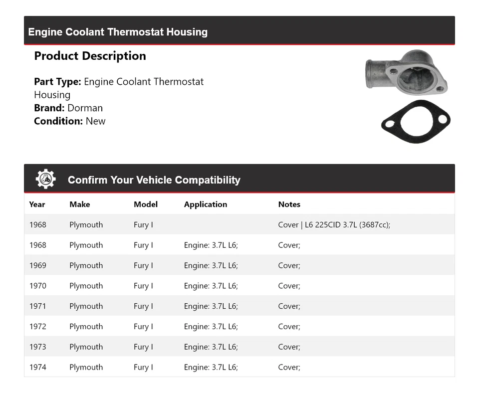 Carcasa termostato refrigerante motor Plymouth Fury I Dorman 1968-1974 1969 1970 Foto 2 de 4