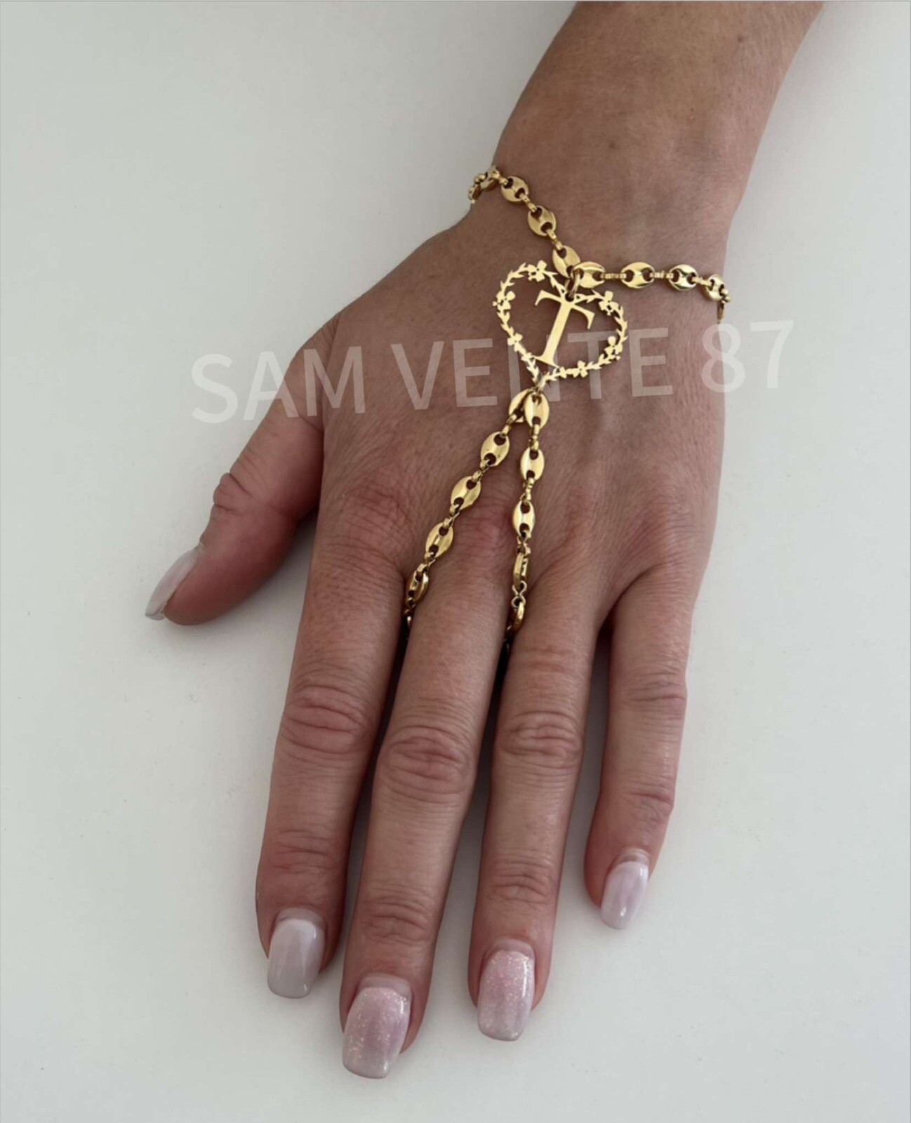 Bracelet T Cœur chaîne de main en argent 925 doré pour femme