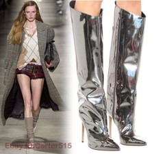 Botas de tacón alto de charol con espejo metálico para mujer con cremallera Stiletto