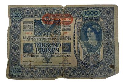 Single Vintage Early 1900s Austrian 1000 Kronen World Currency