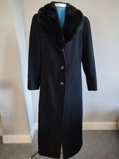 Nuage Long Black Wool And Cashmere Coat With Black Faux Fur Collar Size 14
