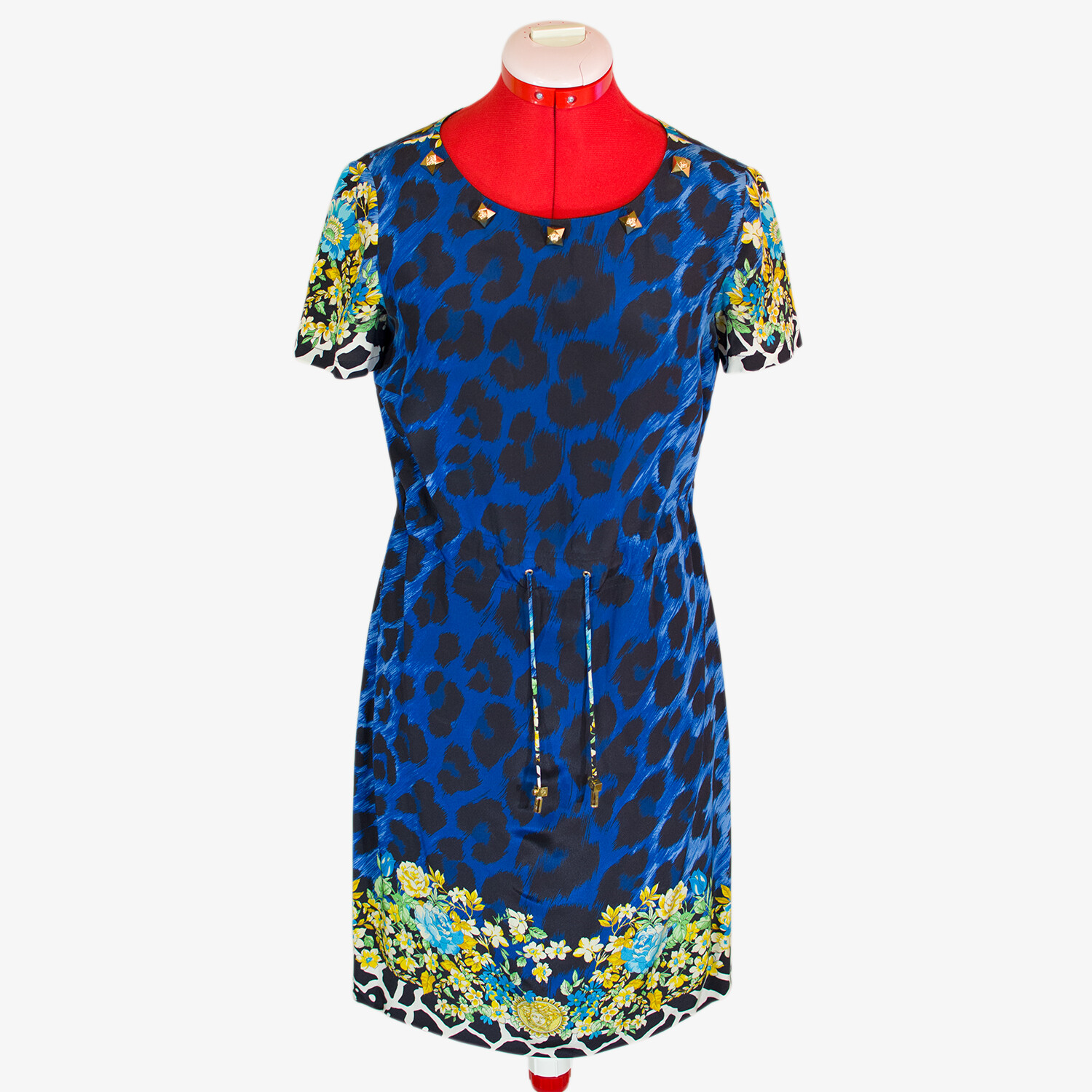 Versace Floral Animal Print Silk Cocktail Dress with Metal Accents Size 40 6 S-image