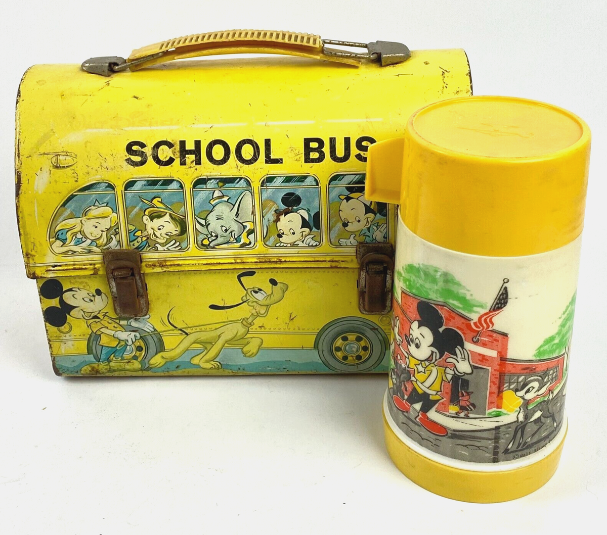 1960's Walt Disney School Bus Metal Lunch Box w/ Thermos