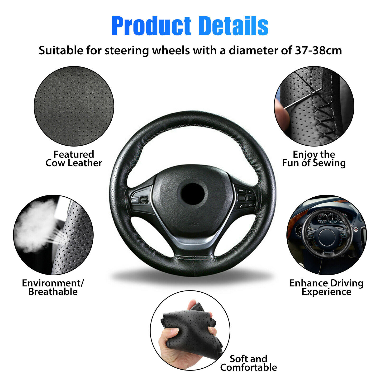 DIY Carbon Leather Car Steering Wheel Cover Thread Antislip Black 15
