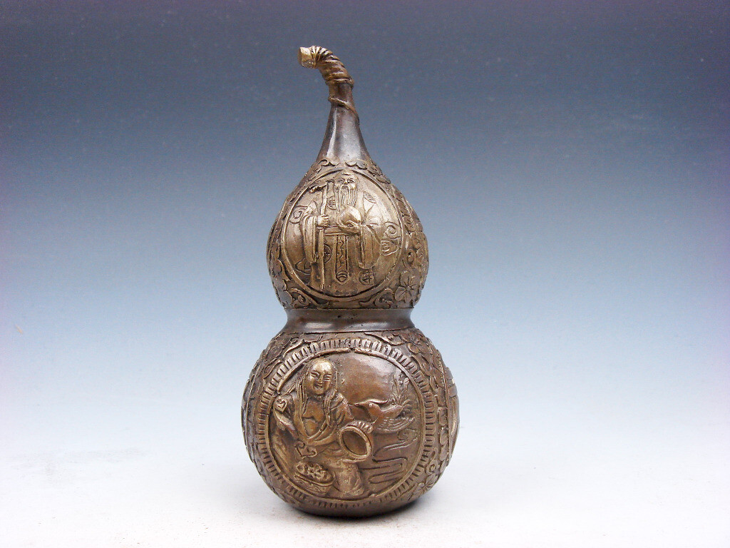 Vintage Brass Crafted FengShui Bottle Gourd Ancient Immortals