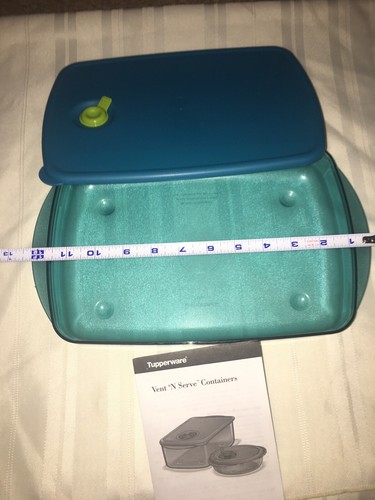 TUPPERWARE Large Shallow Rect Rock Vent N Serve Peacock MICROWAVE Bowl 6 Cup New - Picture 5 of 12