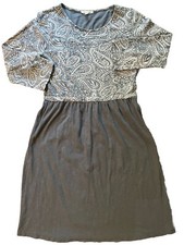 Tea n Rose Dress Gray Paisley Medium Boho Peasant Fit Flare 3/4 Sleeve Women's