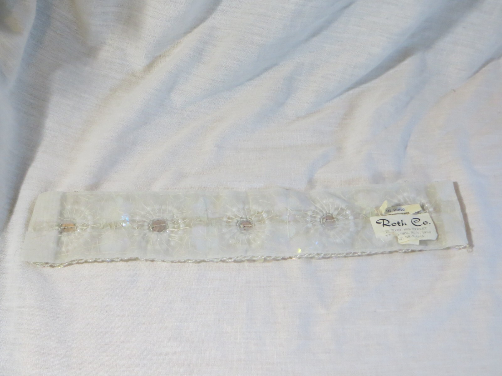 Vintage Roth Co. Embroidered Sequin Faux Pearl Bridal Trim Fabric 13.25 x 2.25" thumbnail 3