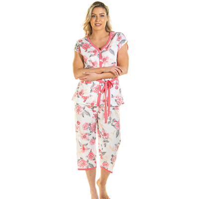 Lady Olga Jersey Pyjamas Ladies Rose Floral Cropped Button Pyjama Set  Nightwear