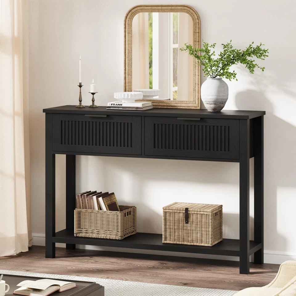 FINERFURNIS Fluted Entryway Table with 2 Drawers, Console Table Wooden Sofa Table Bedroom