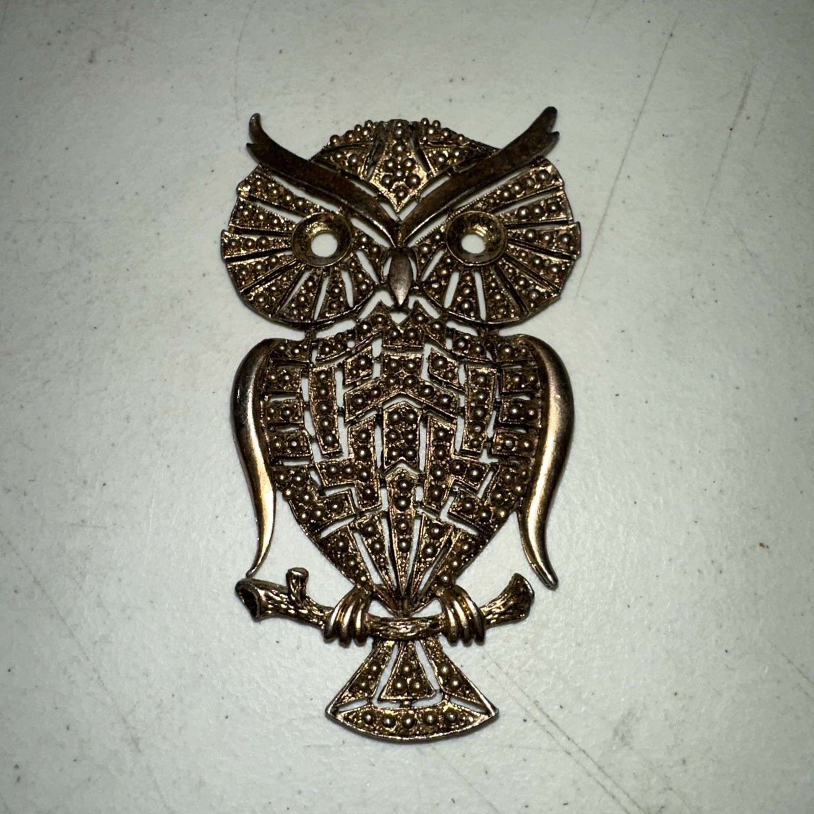 Vintage Gold Brass Tone Owl Statement Pendant  Necklace- Boho Tribal Jewelry