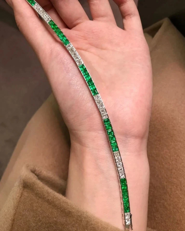 Brazalete Tenis Diamante Esmeralda Natural Corte Princesa 12.00Ct Oro Blanco Real 14K Foto 3 de 4