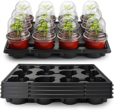 RooTrimmer 4 Inch 60 Pack Nursery Pots with Humidity Domes & 5 Pack 12 Cell Roun