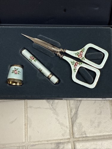 Antike deutsche 925 Silber Guilloche Emaille Rosen Schere Fingerhut & Halter blau