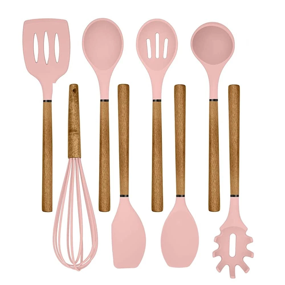 Non Stick Silicone Utensil Set with Rounded Wood Handles for Cooking and Baki...