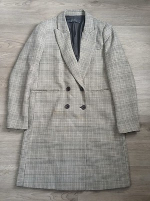 ZARA BASIC Mantel Damen S Kariert Zweireiher Longline Grau Glen Plaid Blazer