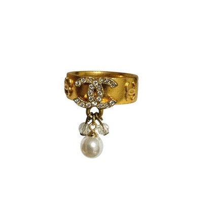 CHANEL Ring Pearl Charm COCO Rhinestone US Size 6.25 Accessories France Made