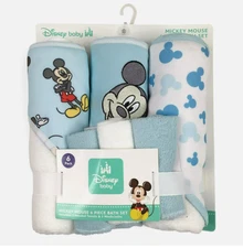 Disney Mickey Mouse Set  3 Hooded Bath Towels 3 Washcloths Infant Blue White NEW