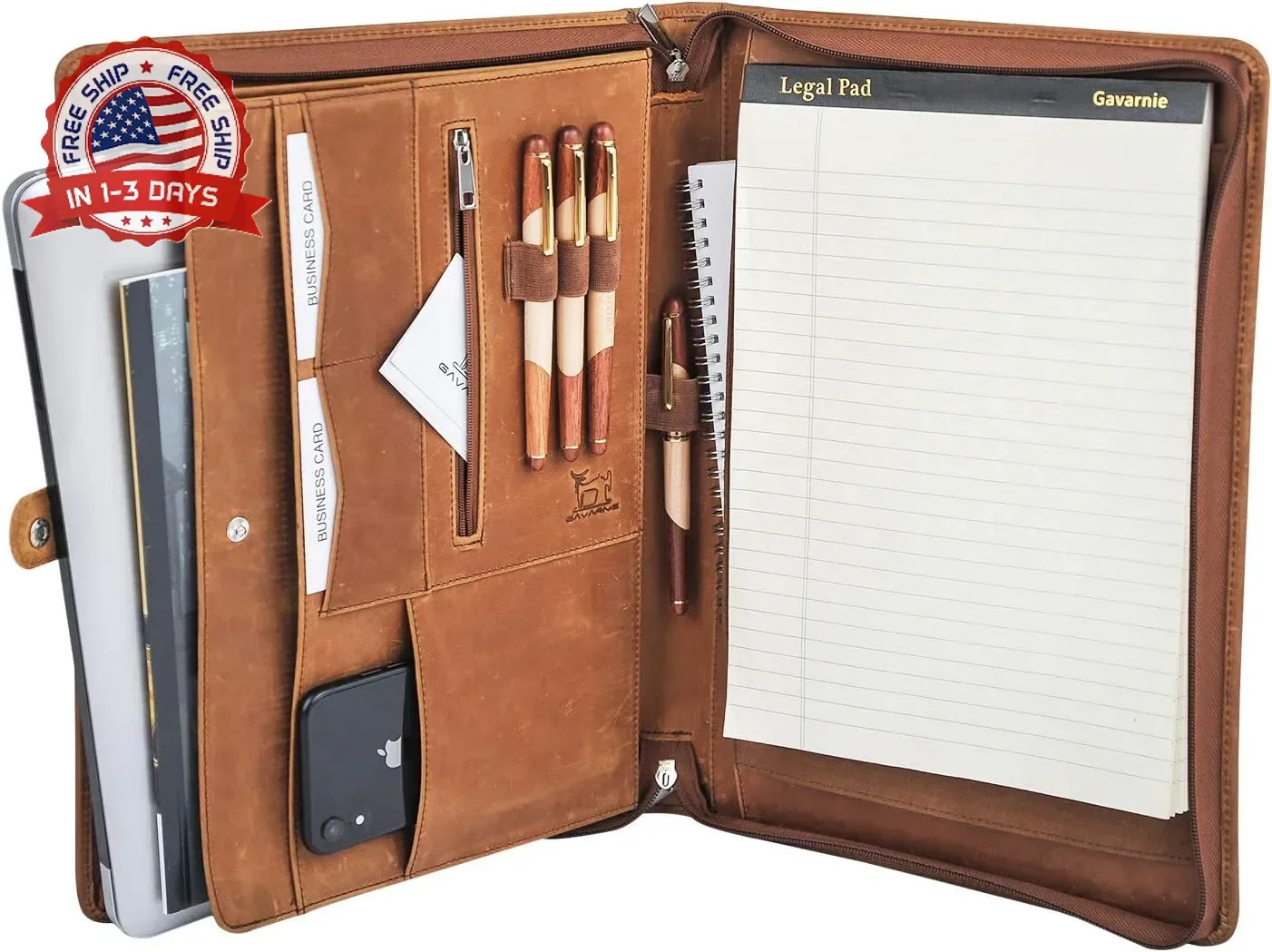 Genuine Leather Business Portfolio Padfolio Folder with Zipper for Men, Men's Le