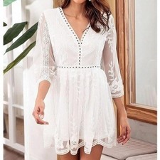 Ivory Allover Lace Sheer Back Medium $55 3/4 Sleeve Fit And Flare Mini Dress
