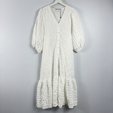 ZARA Dress Size Medium White Midi Maxi Seersucker Tiered Feminine Neutral Shirt