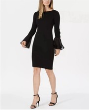 Calvin Klein® Women's SIZE 12 Chiffon Bell Sleeve Sheath Dress Black Knee Length