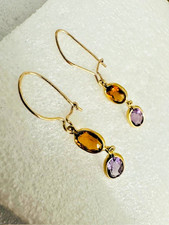 Estate 14K Yellow Gold Amethyst and Citrine Dangle Earrings