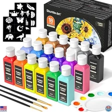 Shuttle Art 18-Color Permanent Fabric Paint Set with 60ml Bottles, Brushes &