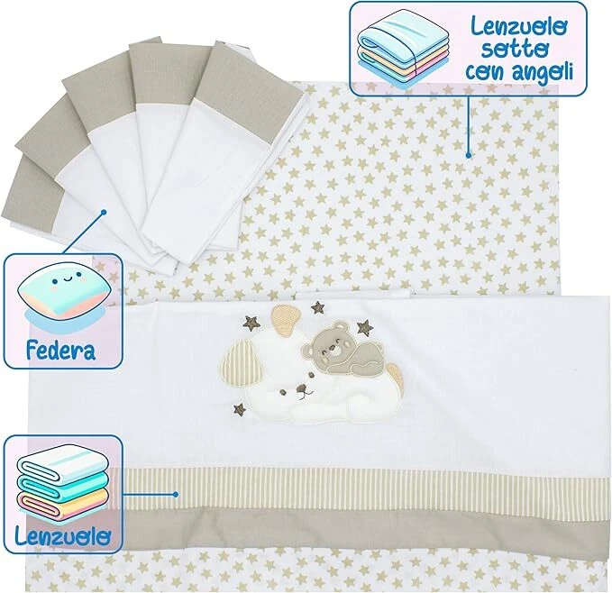 PASTELLO - COMPLETO LENZUOLA CARROZZINA NEONATO RICAMATO COTONE CAGNOLINO BEIGE - Immagine 2 di 4