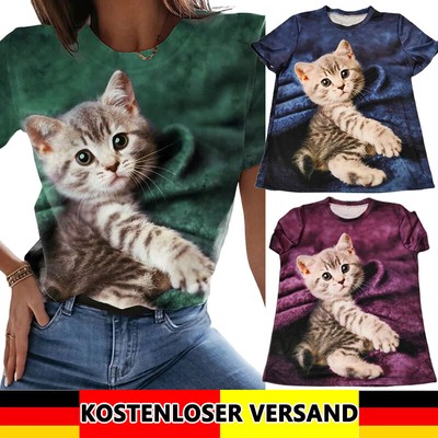 Frauen 3D Katze Gedruckt Kurzarm T-shirt Rundhals Bluse Beiläufig Pullover Tops!