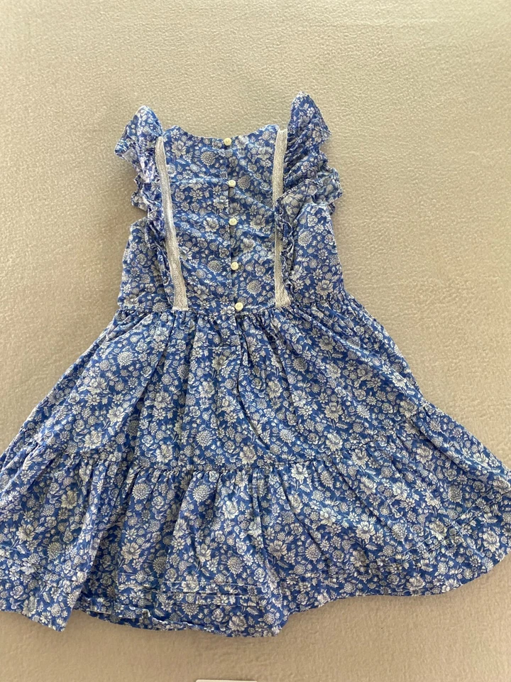 Polo Ralph Lauren A 字连衣裙女孩尺寸 6 蓝色花卉荷叶边分层纽扣 — 第 2/4 张图片