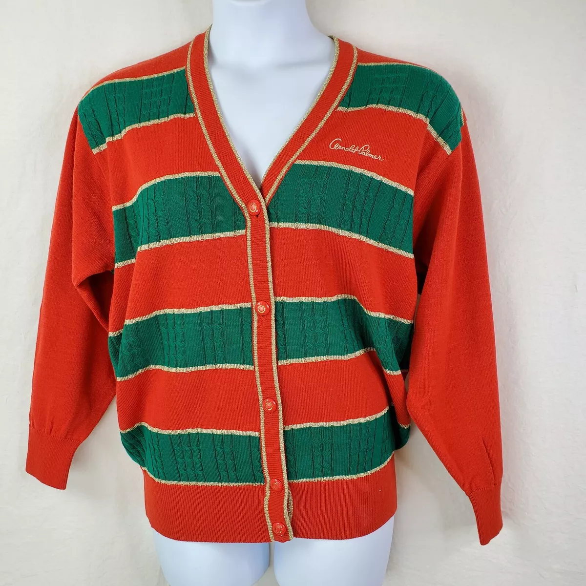 Ugly Christmas Sweater L Arnold Palmer Cardigan Green Striped Gold