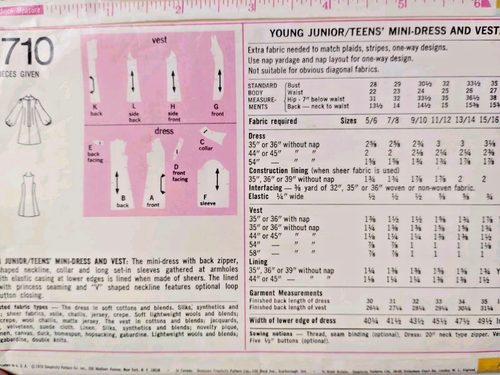 Mini Dress Vest 15 16 JR Teen Simplicity 8710 Sewing Pattern UC VTG Short A Line - Picture 6 of 8