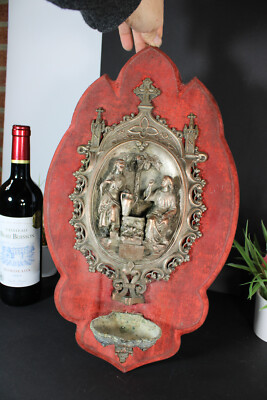 Rare XL antique zamac metal holy water font plaque Velvet christ water fontain 