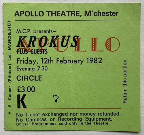 Krokus Oryginalny używany bilet Apollo Theatre Manchester 12 lutego 1982 - Zdjęcie 1 z 1