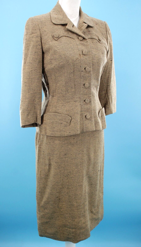 VTG Women's 50s 2 Pc Tan Wool Tweed Jacket & Skirt Set XS/S 1950s Dress Suit - Picture 2 of 24