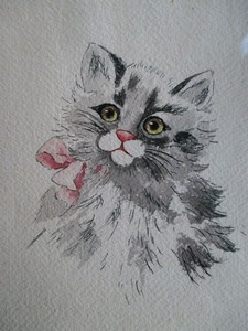 Portrait Chat Gracieux Beau Dessin Encre Aquarelle Cat Katze Gato Gatto Ebay