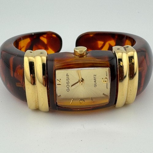 Gossip Quartz Watch Women Gold Tone Brown Plastic Cuff Bangle Analog New Battery