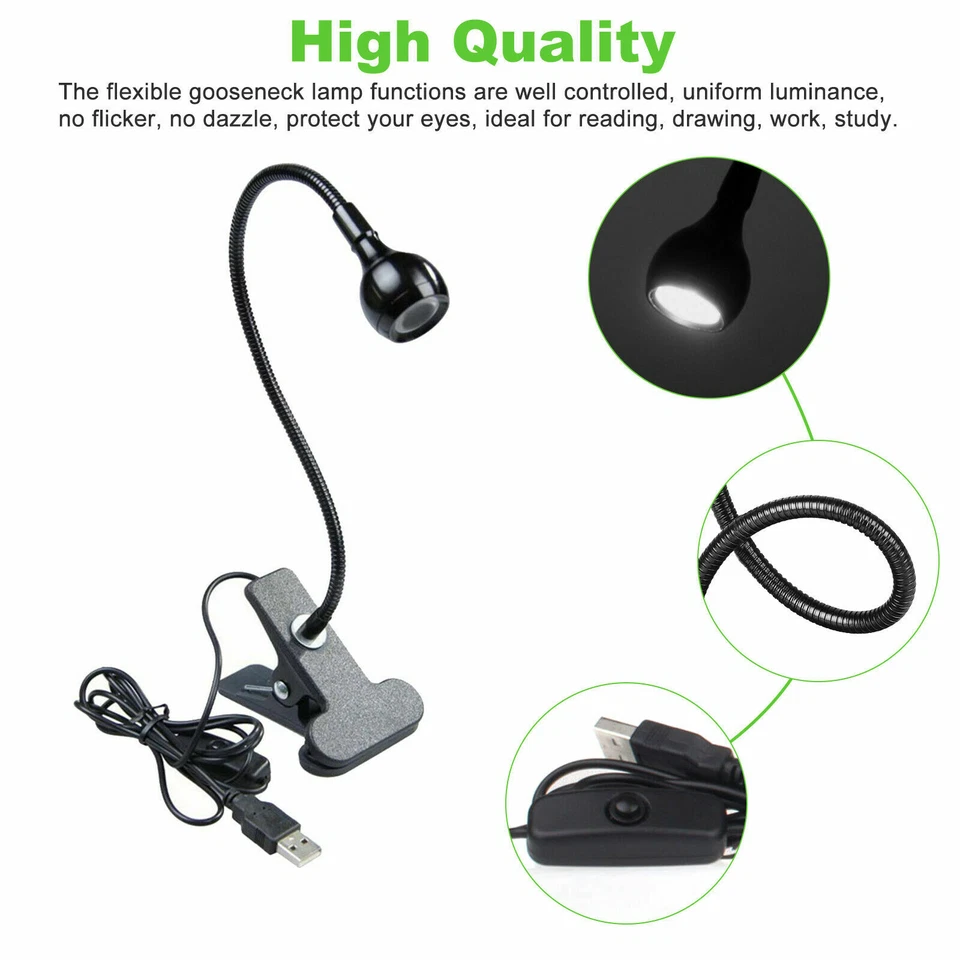 USB Reading Night Light Flexible LED Book Lamp Laptop Computer Clip-on Bed Desk - Image 2 of 4
