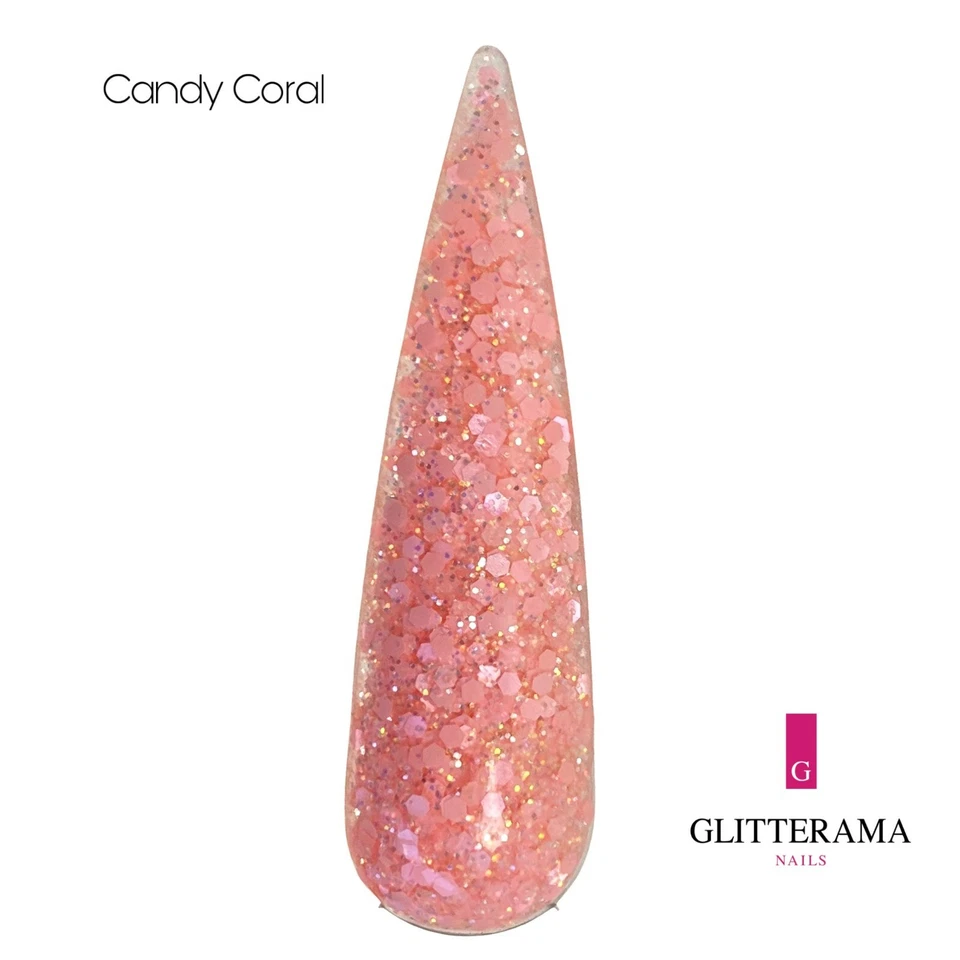 CANDY CORAL Glitterama Nails coloured acrylic powders peach glitter sparkle vibe