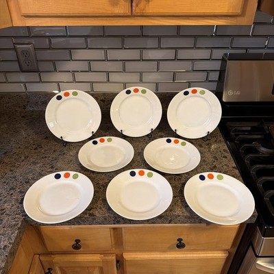 (8) CRATE AND BARREL Dot N Dash 8'' Salad Plate - Multi Color Polka Dots