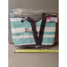 NWT Thirty One 135A Canvas Crew Mini Sac Crawl Tote Bag Turquoise Straw Stripe