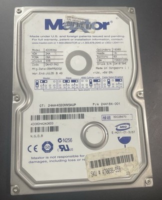 Maxtor Diamondmax 4D080H4 80GB IDE Ultra ATA/100 HD, Tested Good, No Bad Sectors