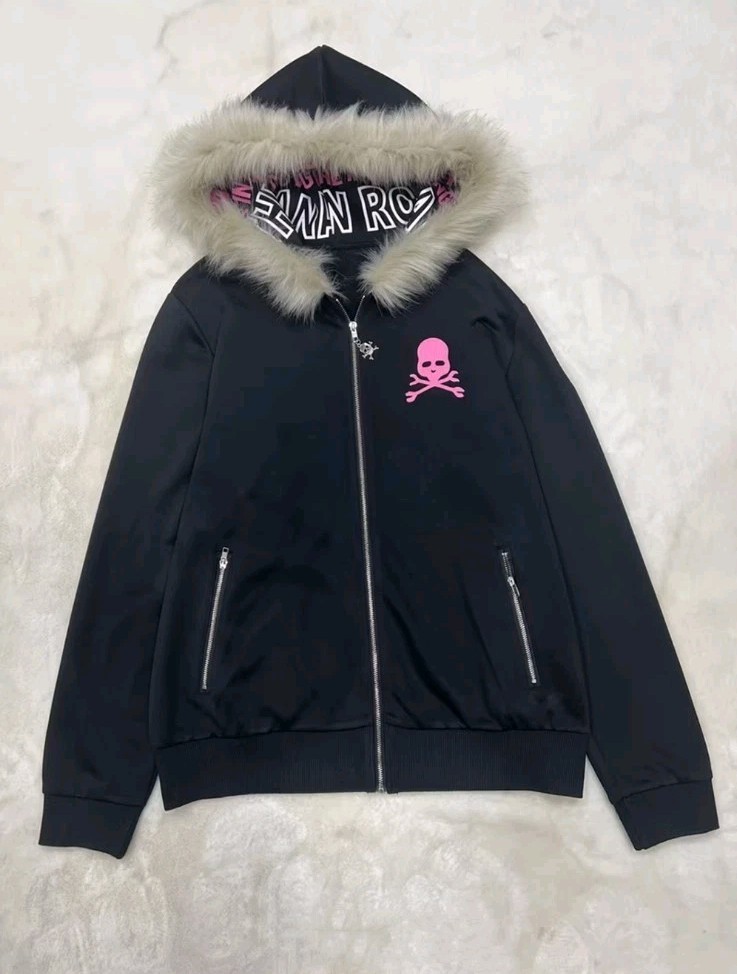 90s Y2K Black Fur Hooded Skull Zip Up Alternative Emo Scene Goth