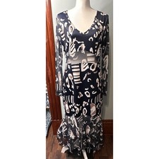Sheilay Womens XL Abstract Animal Print Mesh Sleeve Cutout  Maxi Dress Black