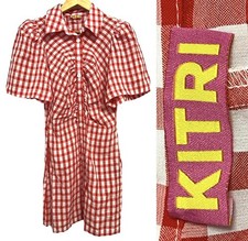 Kitri Dress Womens US 2 Red White Gingham Button Front Ruched Puff Sleeve Collar