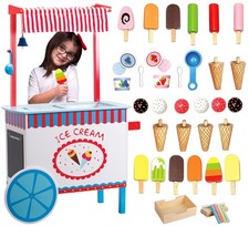 Ice Cream Cart Pretend Play Stand- 33 Pc Accessories, Realistic Premium Wood...
