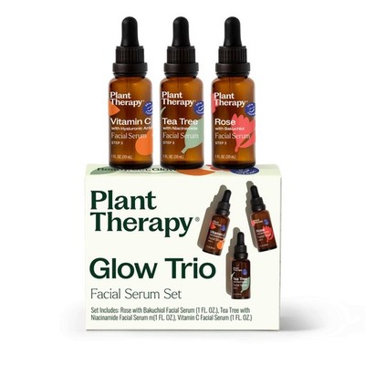 Plant Therapy Facial Serum Trio Set - Vitamin C, Hyaluronic Acid, Rose - 1 oz Ea